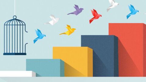 Birds flying over different colored blocks to indicate an innovative approach that brings us forward.
