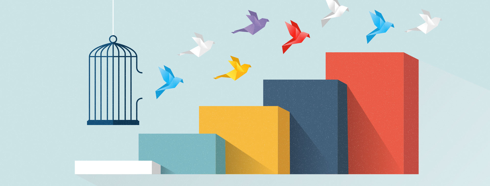 Birds flying over different colored blocks to indicate an innovative approach that brings us forward.