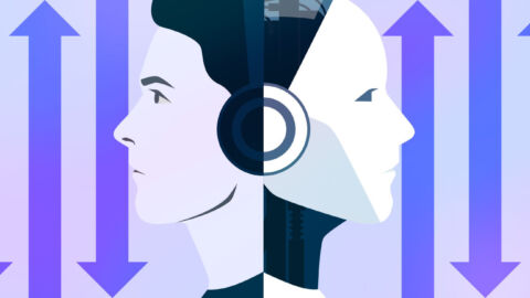 A human face juxtaposed with a robot face to indicate the use of AI in education, with arrows going up and down in the background, demonstrating innovation and movement forward, but also impacts to be aware of.
