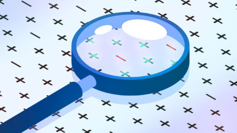 A magnifying glass lays on top of what is intended to represent a test. It is magnifying green "plus" signs and red "negative" signs to indicate the importance of evaluating test validity to understand its positive and negative consequences.