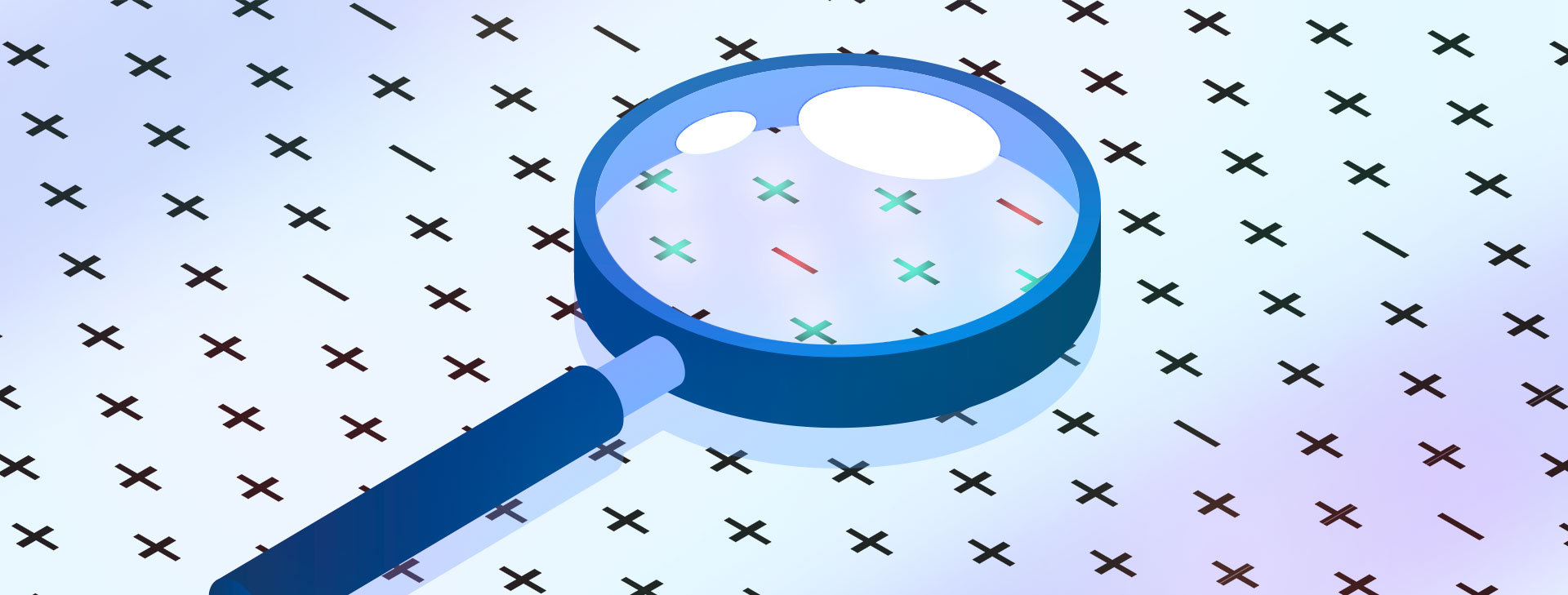 A magnifying glass lays on top of what is intended to represent a test. It is magnifying green "plus" signs and red "negative" signs to indicate the importance of evaluating test validity to understand its positive and negative consequences.