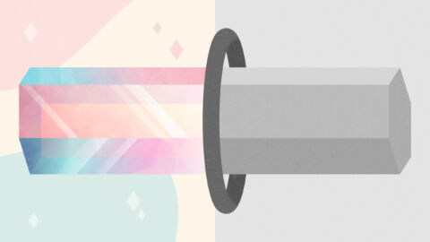 A bar is going through a ring and on the left side, it is colorful and bright, but on the right side, it is grey to indicate that things that look good may not always be good.
