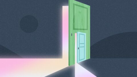Light shines from behind an open door. Within the open door is a smaller door that is open a crack letting the light shine through. The image signifies how much more is possible by expanding size and scope.