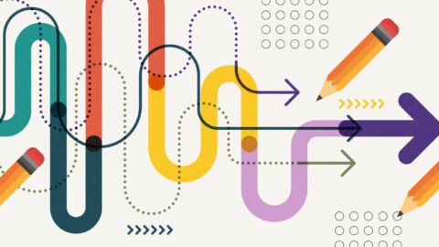 An up and down arrow points across the image to the right, surrounded by pencils and bubbles indicative of student tests, to demonstrate the difficulties inherent in making a choice when it comes to assessment types.