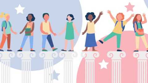 There are 7 white pillars that go about halfway up the image, and there are 7 different children of diverse backgrounds standing on each pillar to represent the challenges of equity in education under standardized accountability designs.