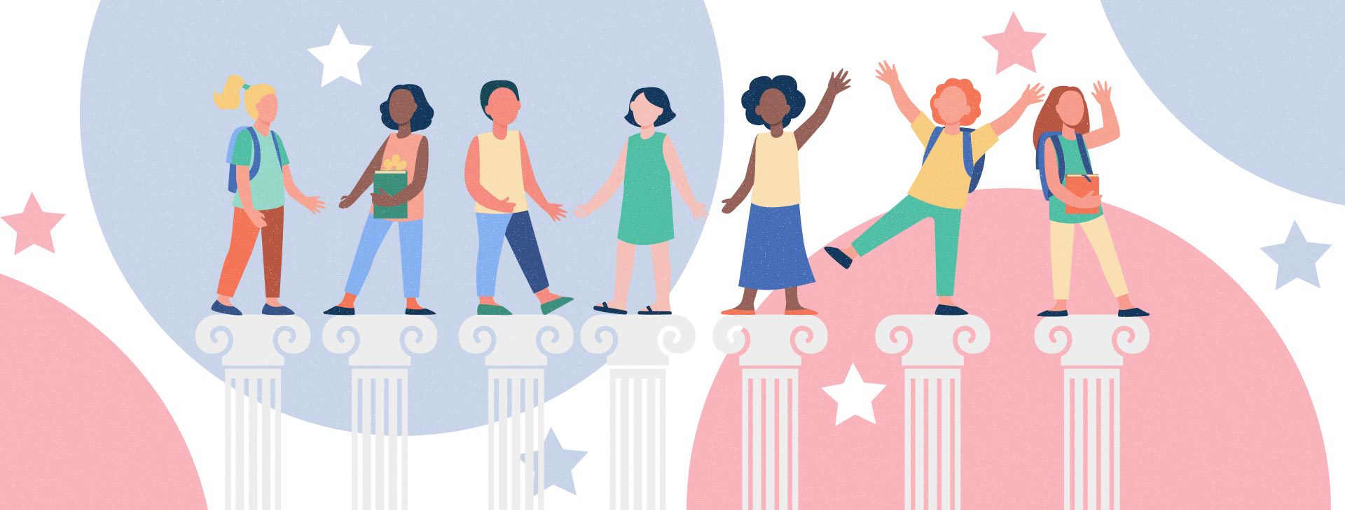 There are 7 white pillars that go about halfway up the image, and there are 7 different children of diverse backgrounds standing on each pillar to represent the challenges of equity in education under standardized accountability designs.