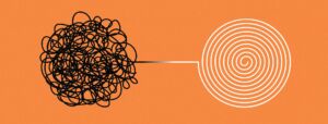 A mess of black spiraling lines not dissimilar to messy hair is pulled apart to create a symmetrical, clean-looking spiral shape that is far more organized, representing how data can go from disorganized to streamlined and informative.
