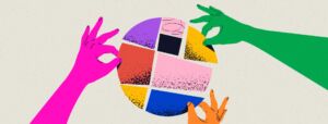 Three different hands in red, orange, and green each help piece together a patchwork circle representing the "community" and how it takes multiple people.