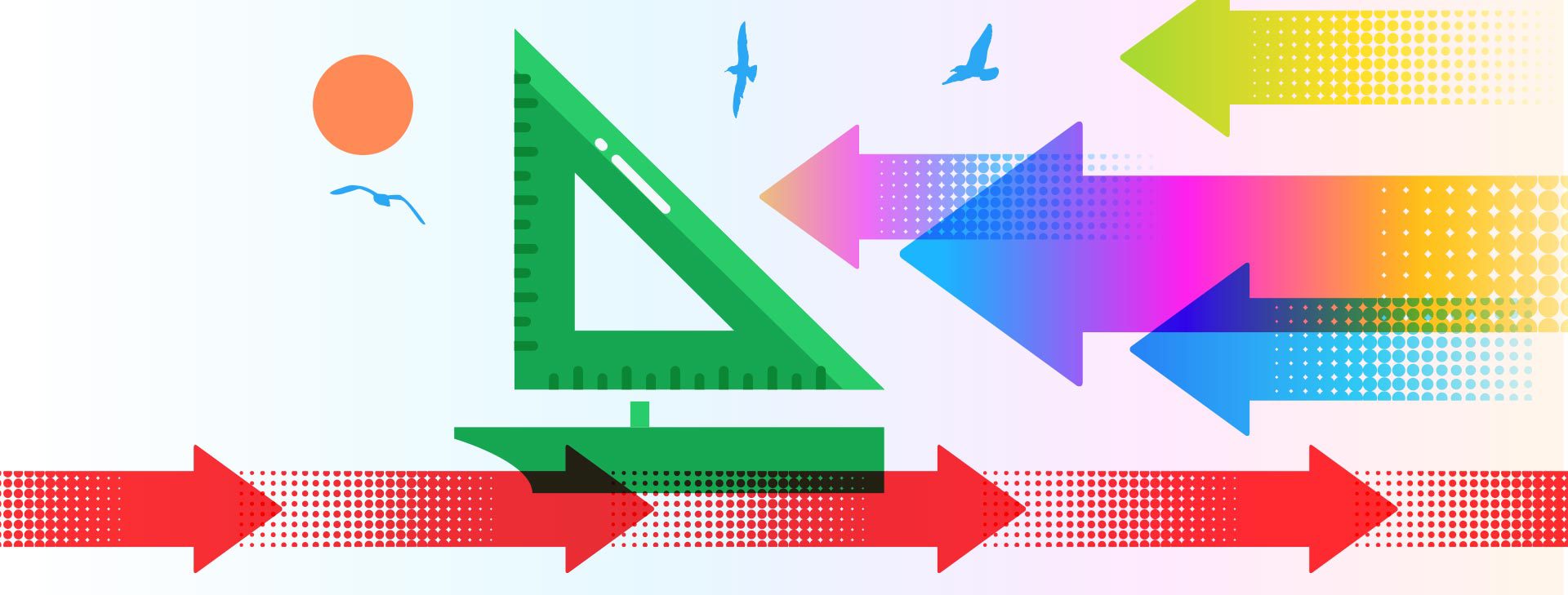 Arrows point to the left, toward a sailboat, while red arrows along the bottom of the image point to the right. The contrast of directions indicates the tension in taking a different approach when things have traditionally been done one way – and in a certain direction.