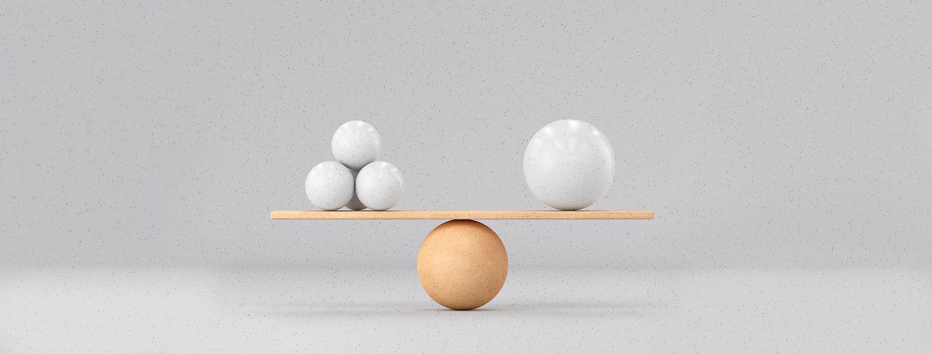 A tan ball acts as a fulcrum balancing a board that has three balls on one side and one larger ball on the other side, representing balance and simplicity.