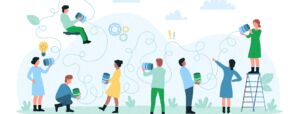 Illustrated images of people are shown to represent a community, and all are collaborating to refine a complex system by turning over their individual watering cans to contribute to the growth of a tumbling vine.
